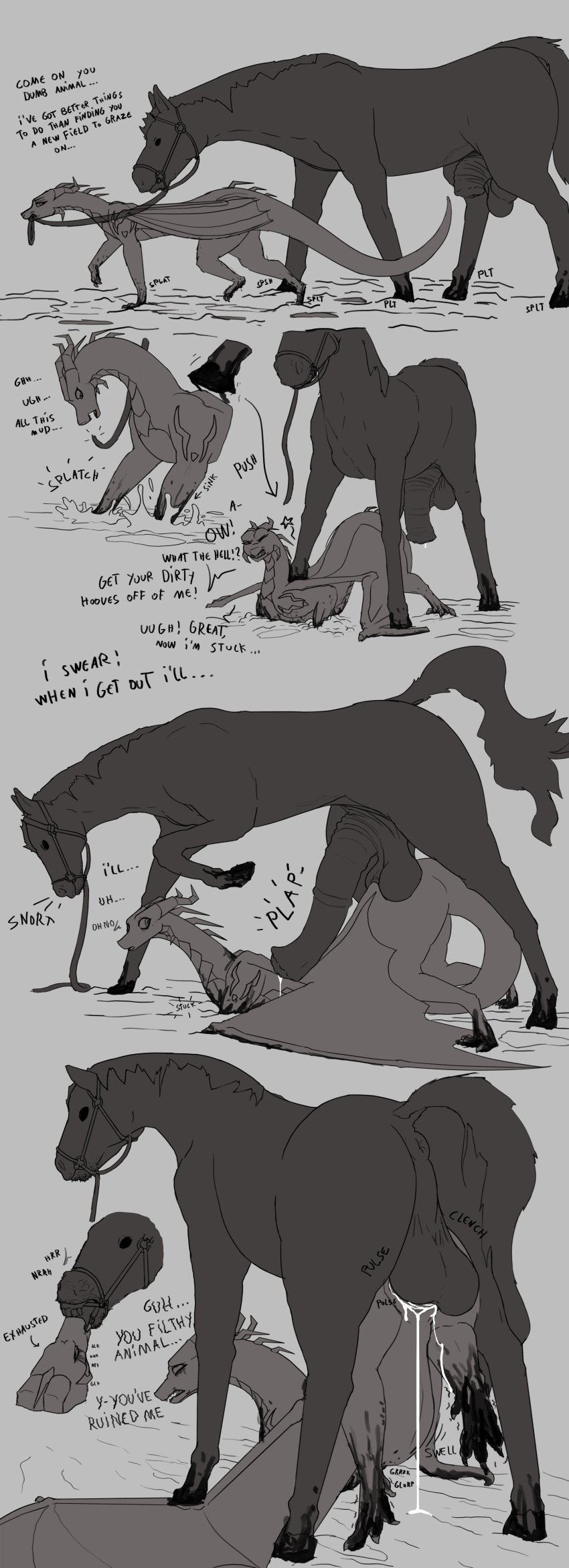 1boy 1girls absurd_res animal_genitalia anus ass ass_up balls becoming_erect bodily_fluids bridle claws creativeclaws cum cum_in_pussy cum_inside cumflated_belly cumflation dialogue digital_media_(artwork) dirty dragon dragonsponies duo english_text equid equine erection female female_penetrated feral feral_on_feral feral_penetrating flaccid forced from_behind from_behind_position genital_fluids genitals hair hi_res horn horse inflation kissing lorraine_(argentum48) male male/female male_penetrating male_penetrating_female mammal monochrome mud mythological_creature mythological_scalie mythology outside pain penetration penile penis pussy rape rope scalie sex stomach_bulge stuck tail tears teeth text tongue top-down_bottom-up vaginal_penetration wings zoophilia