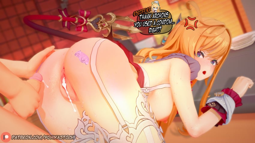 1girls 1male ai_generated aqua_eyes chef cum_in_pussy cum_inside escoffier_(genshin_impact) female from_above garter_straps genshin_impact hat headwear kitchen lace-trimmed_thighhighs long_hair looking_away medium_breasts nipples orange_hair patreon penis perky_breasts pussy standing tail thighhighs uncensored watermark white_stockings white_thighhighs yohika_itochi