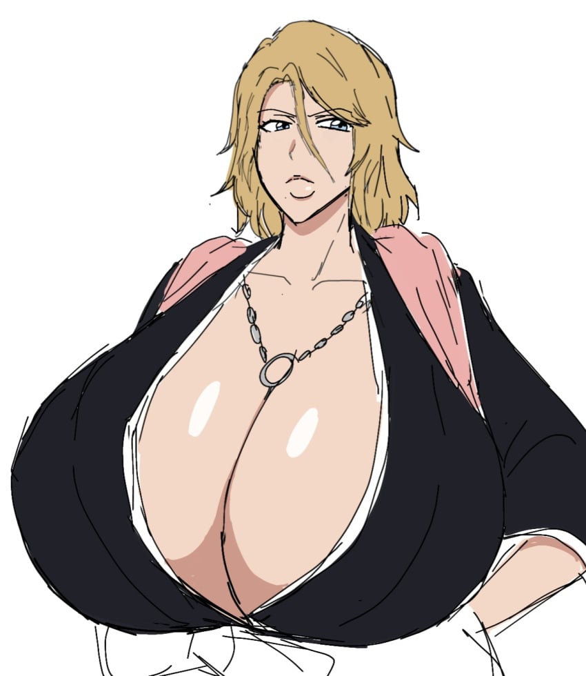 1girls 2d 2d_(artwork) big_breasts black_clothing black_robe bleach bleach:_the_thousand-year_blood_war blonde_hair blue_eyes breasts breasts_bigger_than_head chain_necklace digital_drawing_(artwork) digital_media_(artwork) disappointed disappointed_look female female_only flat_colors full_lips giant_breasts hand_on_hip huge_breasts japanese_clothes kissable_lips lips long_hair looking_around matsumoto_rangiku momiji_(artist) necklace nose pink_scarf scarf seductive_look shiny_breasts shonen_jump solo solo_female thick_lips upper_body white_background