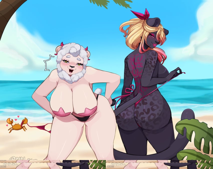 animal_ears animal_tail beach big_ass big_breasts big_breasts big_butt big_nipples big_thighs big_titties bikini black_fur curvaceous curvaceous_female curvaceous_figure curvy curvy_figure curvy_hips feline female female_focus female_only furry furry_female furry_only looking_at_viewer mmaikory nipples nipples_covered original original_character sheep sheep_girl short_hair tattoo white_fur yellow_hair