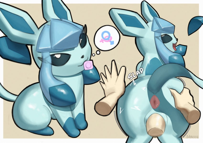 ass butt_grab butt_slap condom condom_in_mouth drakkie duo eeveelution female feral floating_hands gender_symbol gender_symbol_penetration generation_4_pokemon glaceon hand_on_butt hi_res looking_pleasured male male/female mouth_hold nintendo object_in_mouth onomatopoeia pokemon pokemon_(species) sexual_barrier_device simple_background slap sound_effects symbol text