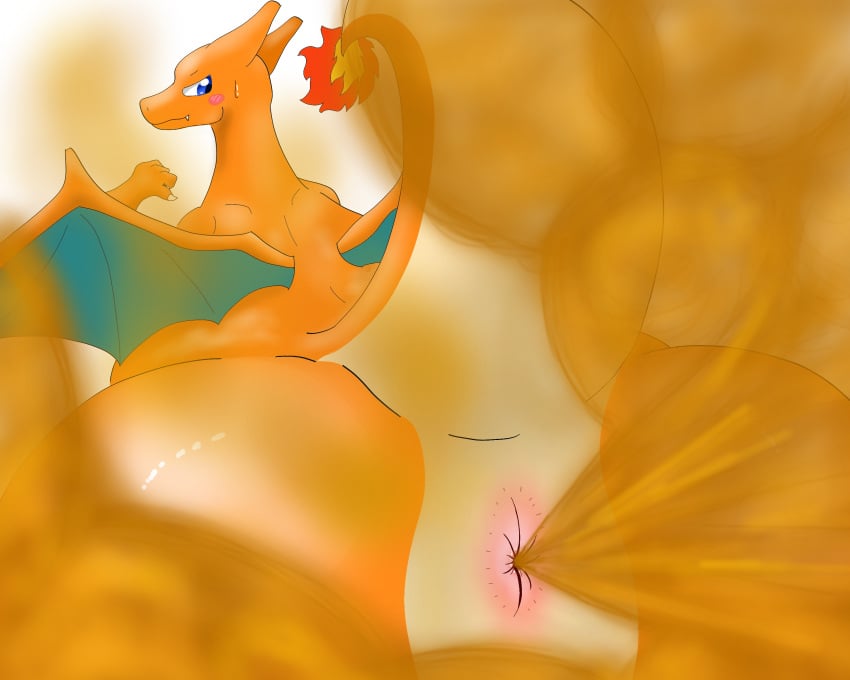 5:4 absurd_res anthro anus anus_focus ass big_butt blue_eyes blush bodily_fluids butt_focus charizard dragon drain_scat fart fart_cloud fart_fetish farting_at_viewer fire flaming_tail generation_1_pokemon gesture glistening glistening_body green_wings hand_gesture hi_res huge_butt male mythological_creature mythological_scalie mythology narrowed_eyes nintendo orange_body pointing pointing_at_self pokemon pokemon_(species) rear_view scalie solo sweat tail tan_body teeth wings