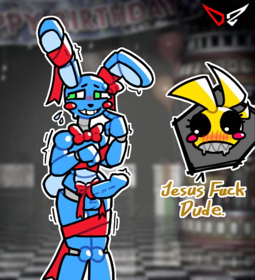 1boy1girl animatronic bunny chicken drooling dz4114 erect erect_penis erection nervous penis robot toy_bonnie_(fnaf) toy_chica_(fnaf)