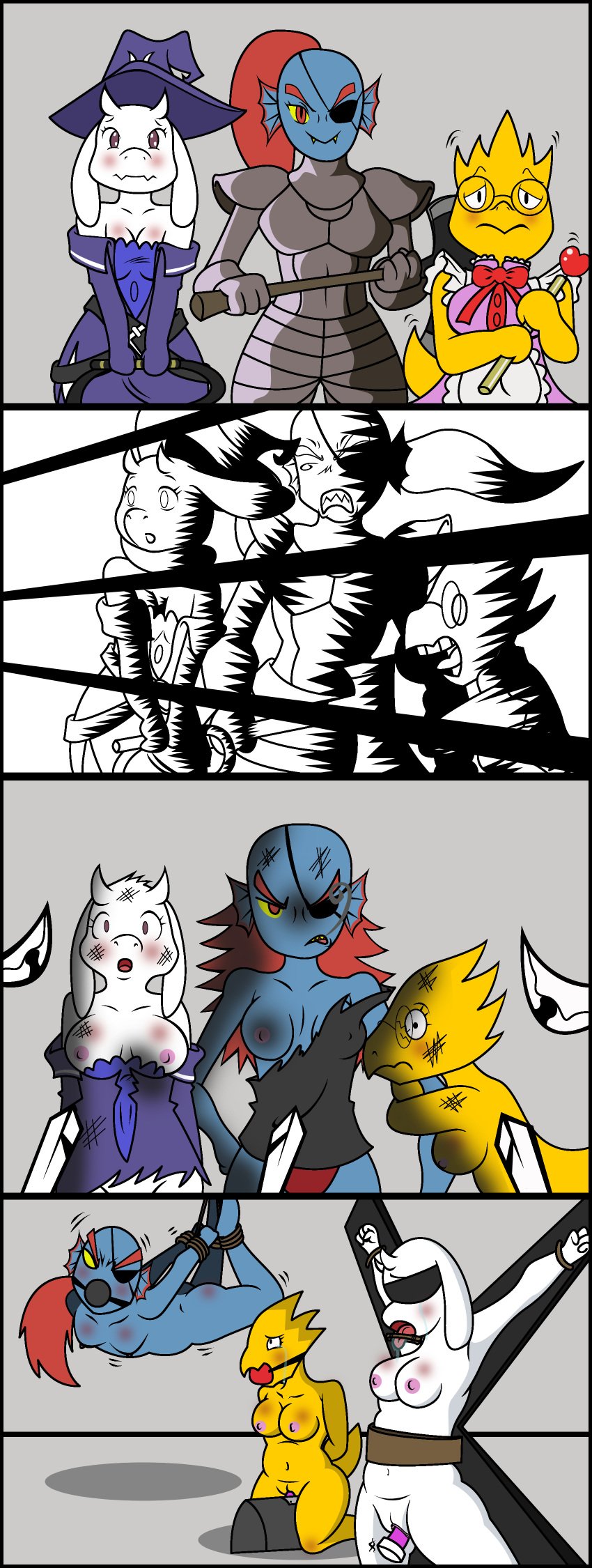 absurd_res alphys animal_humanoid anthro big_breasts blue_body blush bondage bondage boss_monster_(undertale) bound bovid breasts caprine clothed clothing comic digital_media_(artwork) eye_patch eyewear fantasy female fur gag glasses goat hair hi_res horn humanoid lizard mammal marine mature_female nipples non-mammal_breasts nude red_hair reimon-master-ii reptile scalie simple_background smile teeth toriel undertale undertale_(series) undyne white_body white_fur yellow_body