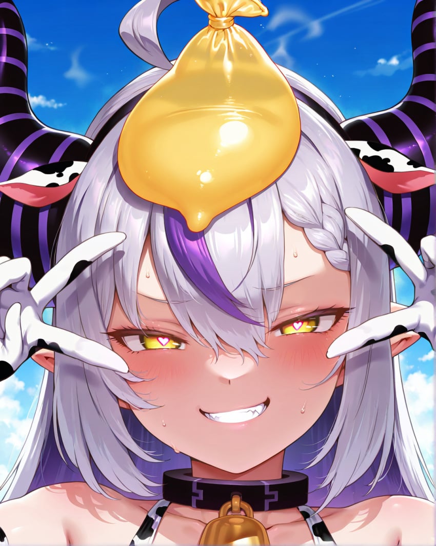 ahoge ai_generated animal_ears bratty bratty_correction cow_bell cow_ears cow_print cow_print_armwear cow_print_bikini cow_print_gloves day double_peace_sign double_v fake_cow_ears fangs furrowed_brow heart-shaped_pupils hololive hololive_japan holox horns la+_darknesss looking_at_viewer mesugaki purple_hair silvesta smile smug sweat teeth two_tone_hair used_condom used_condom_on_head white_hair