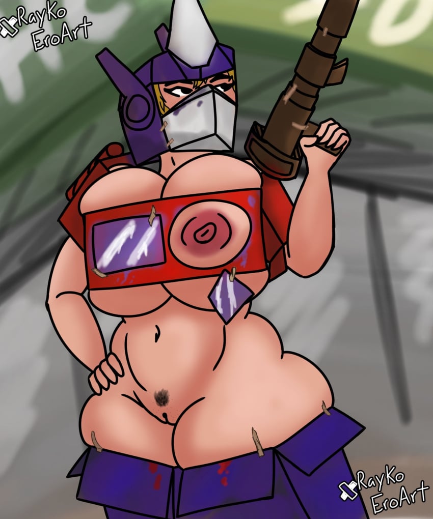1girls almost_naked armor armored_female belly_button big_ass big_breasts big_thighs breasts cardboard cardboard_box cosplay exposed_ass exposed_nipples female hand_on_hip helmet huge_ass huge_breasts looking_away optimus_prime precarious_clothing pubic_hair public public_nudity puffy_nipples pussy raykopartizan tape transformers underboob wardrobe_malfunction weapon wide_hips