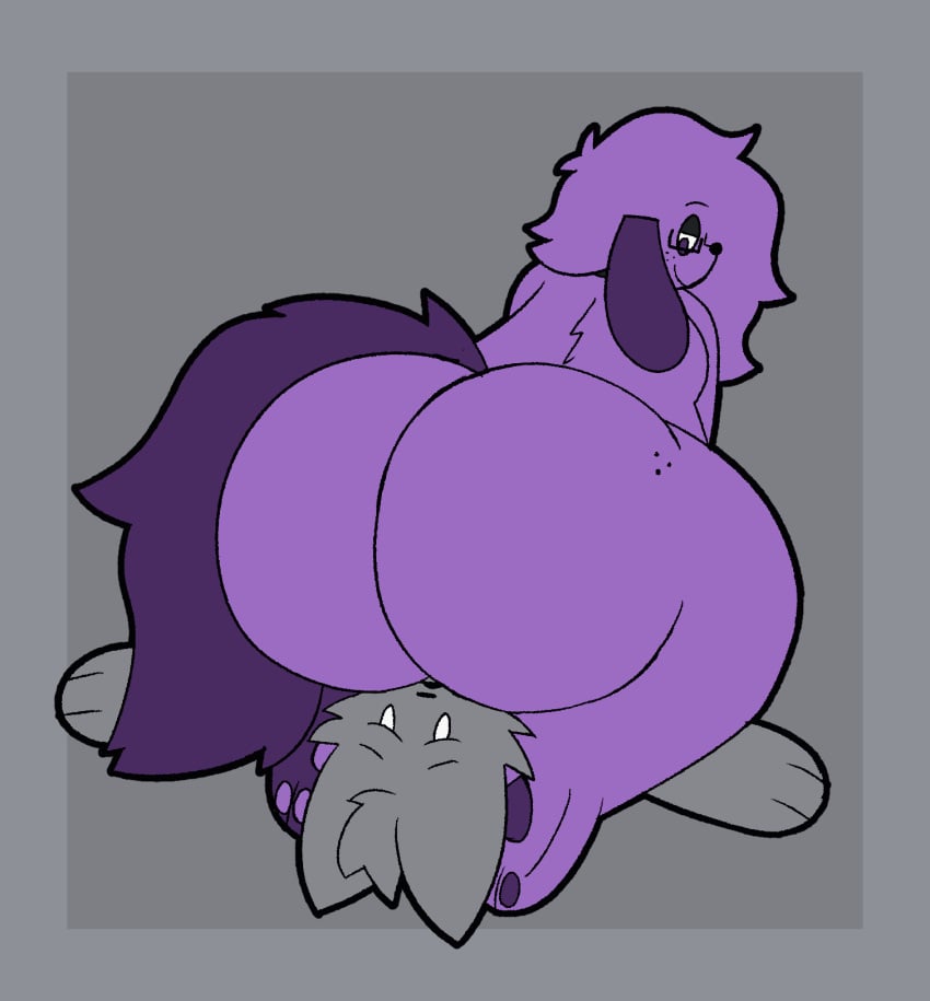 ambiguous/ambiguous ambiguous_gender animated anthro ass big_butt butt_slam canid canine canis clothed clothing collar domestic_cat domestic_dog duo eyewear facesitting felid feline felis fur glasses grape_ad grey_body grey_fur hi_res josh_(grape_ad) mammal nude pantsless pawpads paws purple_body purple_fur short_playtime sitting_on_another