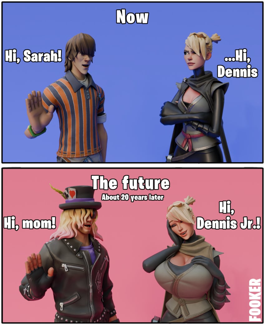 2_panel_comic 2koma 3d 3d_(artwork) alternate_body_type alternate_breast_size angry artist_name blender blender_(software) blender_cycles canon_couple closed_eyes comic dennis_(fortnite) dennis_jr._(fortnite) fooker fortnite fortnite:_battle_royale fortnite:_save_the_world future greeting happy husband husband_and_wife milf mother mother_and_son sarah_(fortnite) shy smile son time_skip wife wife_and_husband
