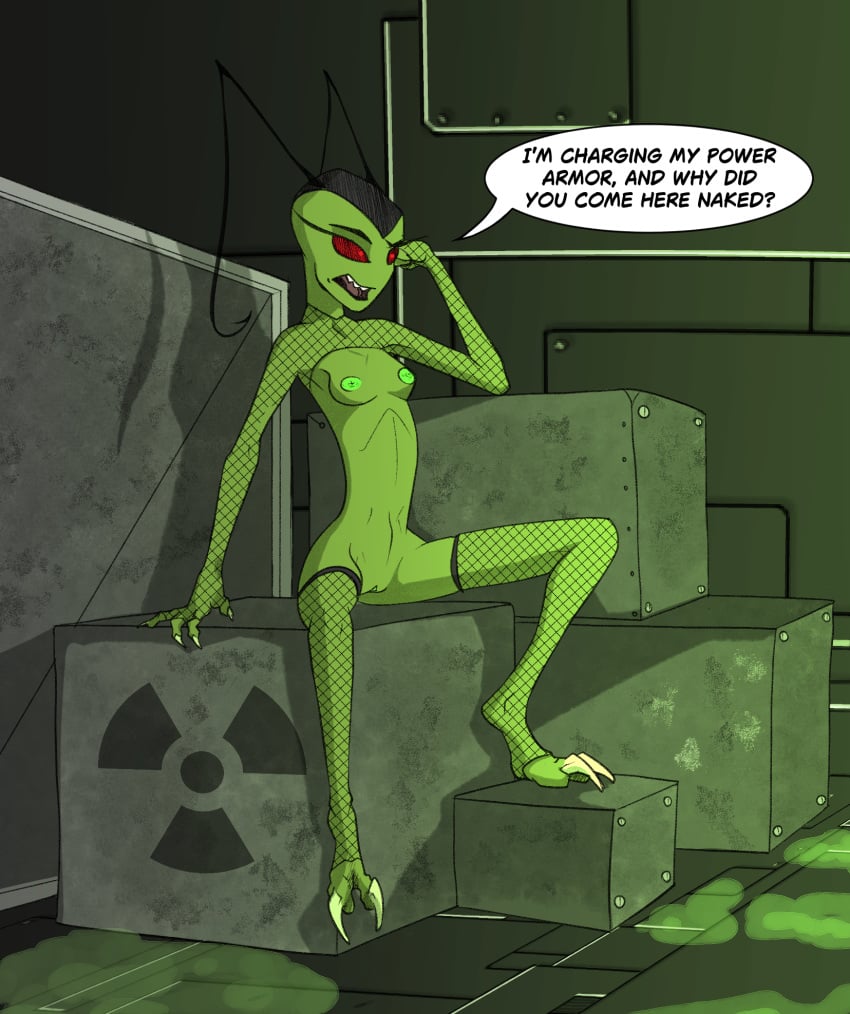 alien alien_humanoid antennae_(anatomy) areola breasts clothing dialogue digital_media_(artwork) english_text feet female fingers fishnet_clothing fishnet_legwear fishnet_topwear genitals green_body green_skin hazard_symbol hi_res humanoid invader_zim irken legwear mammal mostly_nude nickelodeon nipples not_furry open_mouth pussy radiation_symbol sitting solo speech_bubble spread_legs spreading symbol teeth text toes topwear zafara_(artist)