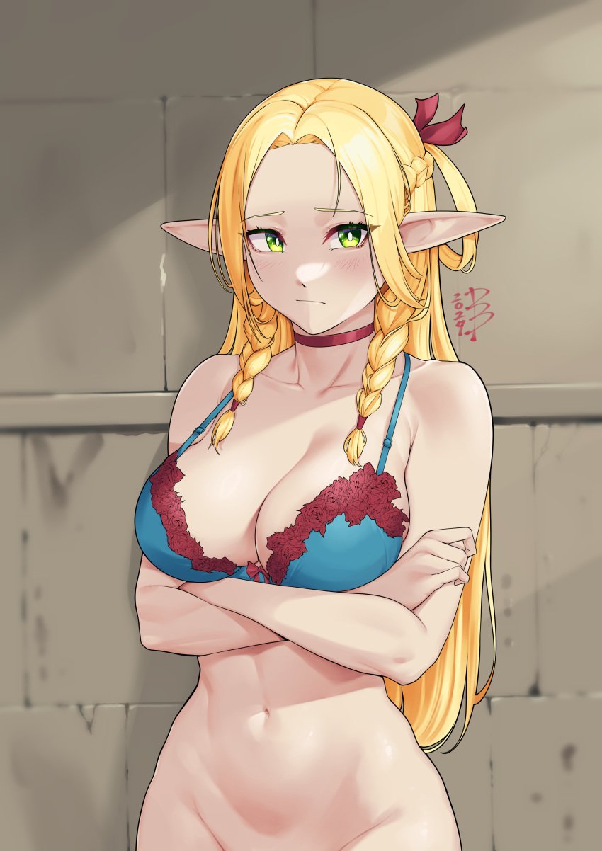 1girls arms_crossed artist_signature bellybutton blonde_hair bow bow_bra bra braided_hair busty choker cleavage damobelmont damodar delicious_in_dungeon dungeon_meshi elf elf_ears elf_female female green_eyes light-skinned_female light_skin marcille_donato navel pantyless undressed upper_body