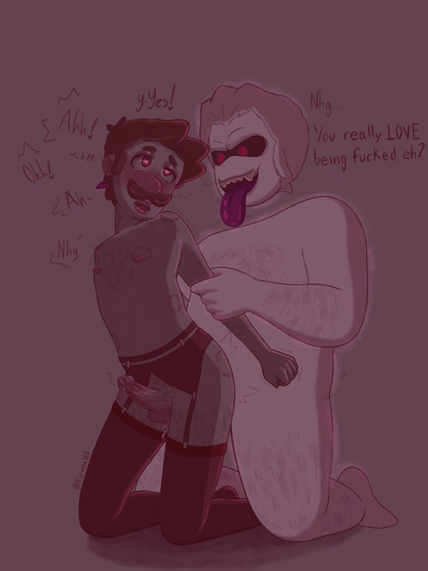 2boys anal anal_sex arm_hair balls bite_marks black_legwear body_hair boo_(mario) chest_hair dialogue doggy_style duo facial_hair femboy gay gay_sex genitals ghost grabbing_arms heart-shaped_pupils humanoid humanoid_male humanoid_on_humanoid interspecies king king_boo kirara160 leg_hair legwear looking_at_another luigi luigi's_mansion male male/male male_nipples mario_(series) mature mature_male moustache nintendo nipples open_mouth penis penis_in_anus purple_tongue red_eyes royalty sex sharp_teeth tongue tongue_out white_body