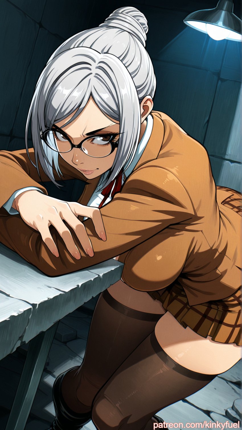 ai_generated anime bent_over blouse boots bowtie brown_eyes brown_jacket brown_skirt desk dominant_female female glasses high_heels indoors interrogation_room kinkyfuel leaning_forward nsfw prison_school school_uniform seductive_pose shiraki_meiko silver_hair smirk solo thighhighs tight_clothes