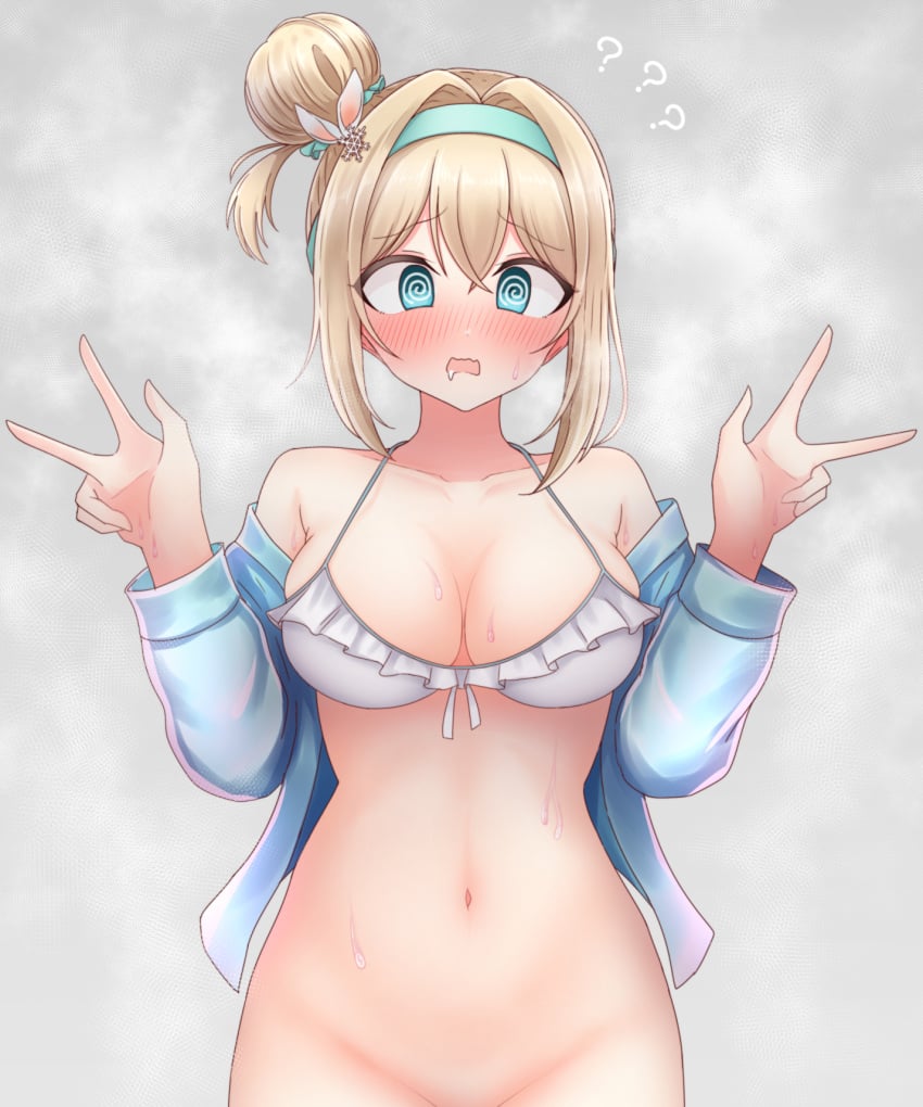 1girls ? ??? @_@ bikini bikini_top bikini_top_only blonde_hair blue_eyes blush breasts chiaki_himanagi cleavage double_v double_v_sign female frilled_bikini frills girls'_frontline hair hair_ornament jacket large_breasts long_sleeves navel no_bikini_bottom open_mouth short_hair solo solo_female solo_focus suomi_(girls'_frontline) v v_sign wet white_bikini