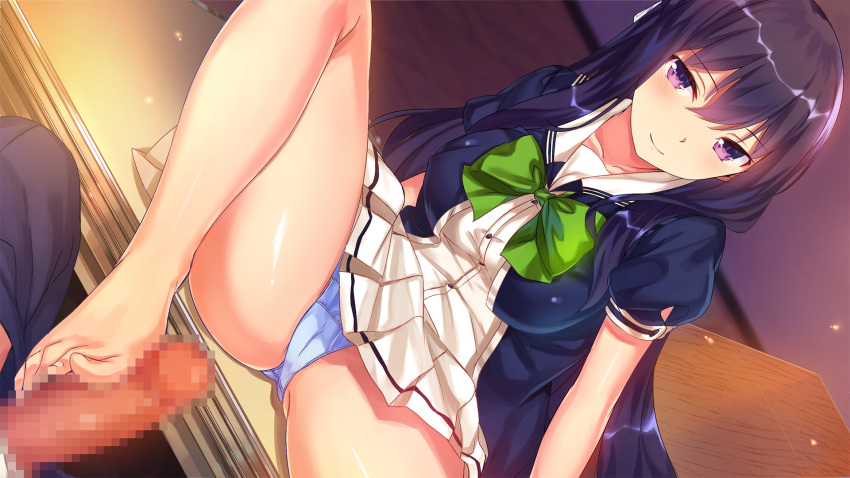 1boy barefoot black_hair blue_panties blush braid breasts censored desk dutch_angle female footjob french_braid game_cg highres hinasaki_you hitotsu_yane_no_tsubasa_no_shita_de jinno_nahoko large_breasts long_hair mosaic_censoring official_art on_desk panties penis pleated_skirt purple_eyes school_uniform short_hair sitting skirt smile solo_focus underwear