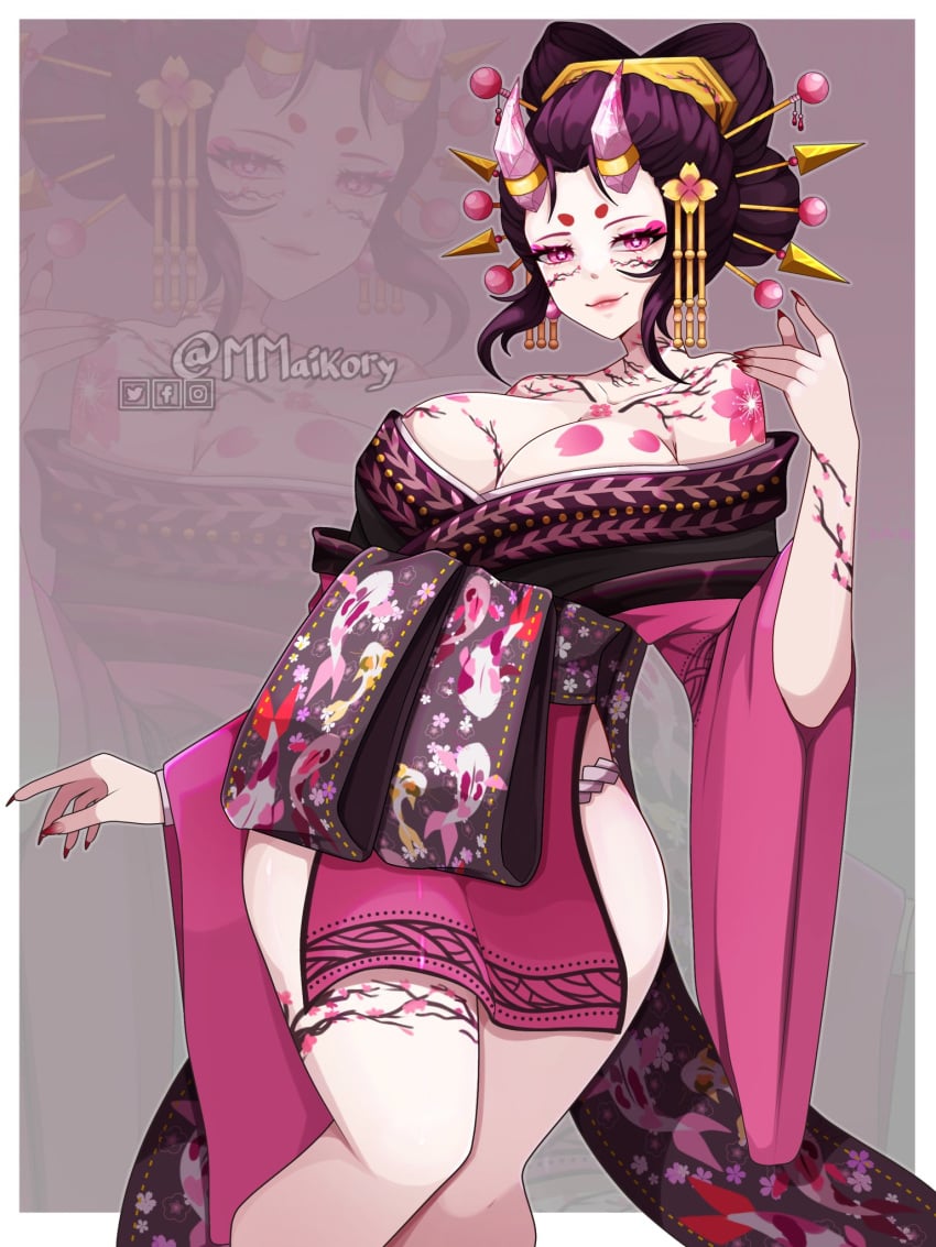 asian_clothing asian_female big_breasts big_thighs big_titties breasts clothing curvaceous curvaceous_female curvaceous_figure curvy curvy_figure curvy_hips demon demon_girl female female_focus female_only looking_at_viewer mmaikory oni_female oni_horns original original_character purple_hair short_hair tattoo