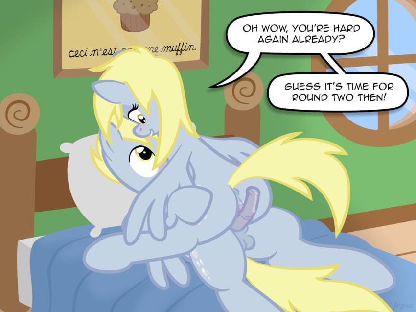 amber_eyes anus balls bed blonde_hair buttjob derpy_hooves dialog dopey_hoof_(mlp) equine female feral friendship_is_magic grey_fur hair horse jepso male muffin my_little_pony pegasus penis pillow pony pussy pussy_juice rule_63 selfcest square_crossover straight text window wings