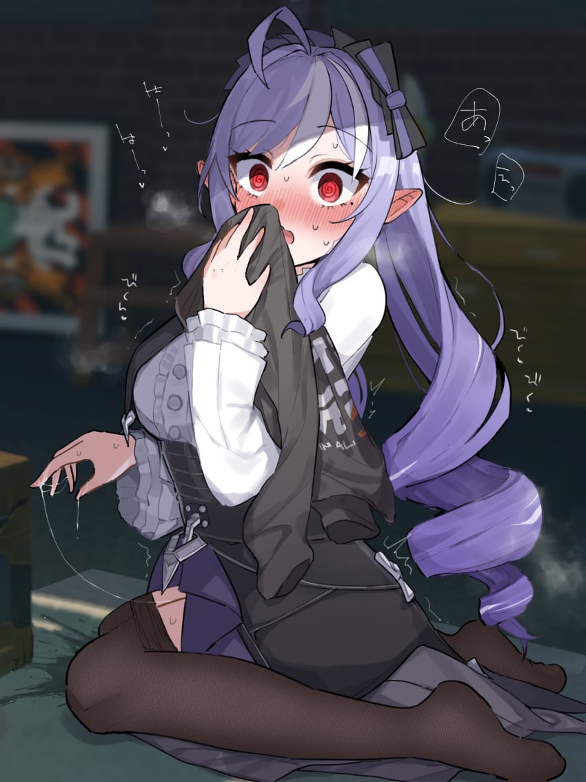 @_@ ahoge ascot blurry blurry_background blush bow caught center_frills commentary_request drill_hair embarrassed female female_masturbation frills hairband highres indoors long_hair long_sleeves looking_at_viewer masturbation open_mouth pointy_ears purple_ascot purple_bow purple_hair purple_hairband pussy_juice pussy_juice_puddle pussy_juice_stain pussy_juice_trail red_eyes shrug_(clothing) sidelocks sitting smelling solo very_long_hair vivian_banshee wararu_(user_uecx7457) wariza white_shrug zenless_zone_zero