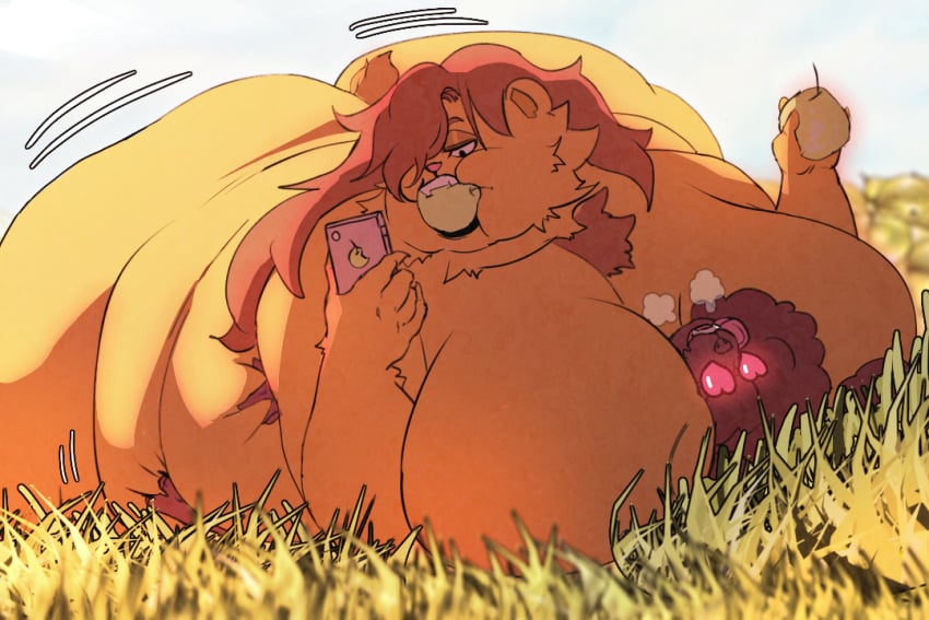 3:2 anthro ass badulldoo bear big_breasts big_butt bouncing_butt breasts canid canine canis cellphone domestic_dog duo electronics female food food_in_mouth fruit grass heart_eyes heart_symbol huge_breasts huge_butt larger_female laying_on_another laying_on_top lenora_(suicunicide) male male/female mammal nude nude_female obese obese_anthro obese_female overweight overweight_anthro overweight_female pear phone plant poodle size_difference smaller_male smothering sui_(suicunicide) wobbling_ass