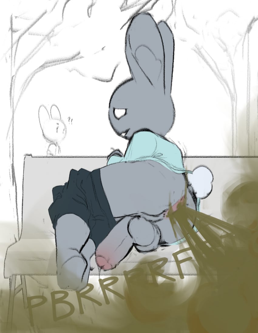 ambiguous_gender anthro anus ass background_character balls bench black_bottomwear black_clothing black_shorts blue_clothing blue_shirt blue_topwear bodily_fluids bottomwear bottomwear_down clothed clothing dripping duo eyebrows fart fart_cloud fart_fetish fur genital_fluids genitals grey_body grey_fur grey_inner_ear_fluff hi_res inner_ear_fluff lagomorph leporid long_sleeve_shirt looking_at_another lying male mammal narrowed_eyes on_side outside park_bench partially_clothed penis plant precum precum_drip public public_exposure rabbit raised_eyebrow scut_tail shirt short_tail shorts shorts_down simple_background smile sound_effects tail teeth text tiosqr topwear tree tuft