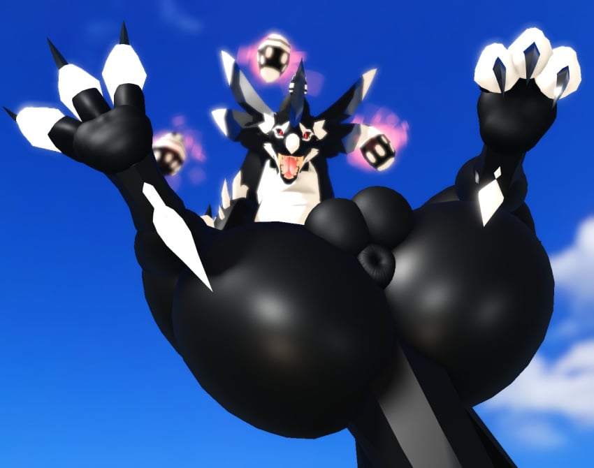 3_toes 3d_(artwork) 4_ears anus aranga_(dragon_adventures) ass balls big_butt black_body black_fur claws digital_media_(artwork) dragon egg feet feral flying fur furred_dragon furred_scalie genitals glistening glistening_butt horn hybrid levitation looking_at_viewer male markings multi_ear multicolored_body mythological_creature mythological_scalie mythology open_mouth paws presenting puffy_anus red_eyes scalie sky solo spikes spikes_(anatomy) tail teeth toes tongue white_body white_fur willie_piv wingless_dragon