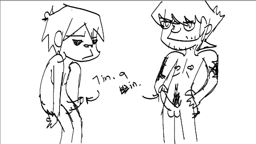 2boys 2d_(gorillaz) dick_measure duo gorillaz male male_only murdoc_niccals nude nudity penis upside_down_cross