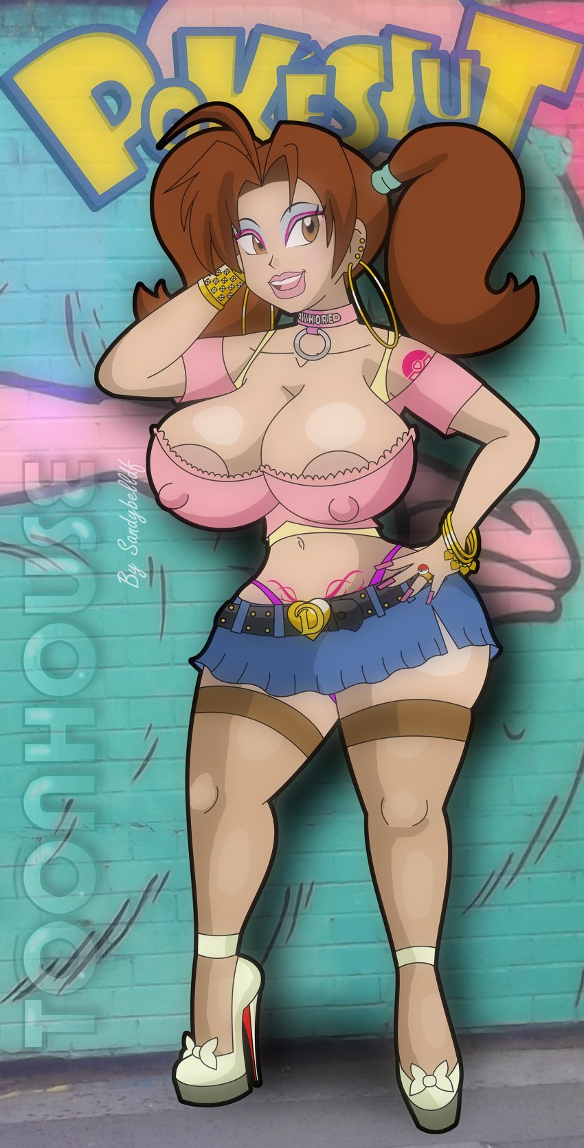 1girls areola areolae belt big_breasts bimbo bimbo_prostitute bimbofication bracelet breasts brown_eyes brown_hair clothing collar colored_nails delia_ketchum_(pokemon) ear_piercing earrings erect_nipples erection eyeshadow female female_only high_heels human human_only jewelry lips makeup milf miniskirt navel nipple_bulge nipples piercing pokemon pose posing prostitute prostitution ring sandybelldf solo standing stockings studded_belt tagged_collar tattoo thighhighs thong twintails voluptuous wide_hips