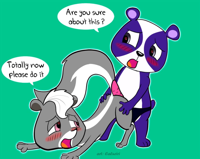 blush caluriri dialog dildo english_text female female_only fur grey_fur interspecies littlest_pet_shop looking_back mammal multiple_females multiple_girls mustelid panda penny_ling pepper_clark purple_fur sex_toy skunk speech_bubble strap-on tagme text white_fur