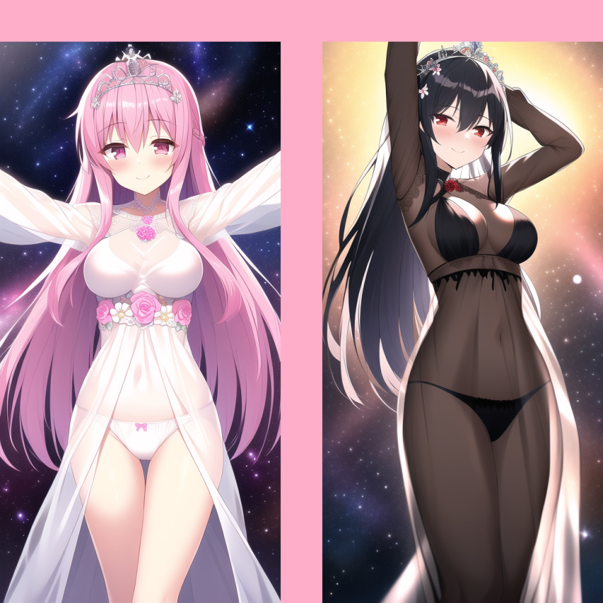 2girls ai_generated arms_up black_dress black_hair black_panties goddess large_breasts long_hair long_sleeves nai_diffusion outstretched_arms pink_eyes pink_flowers pink_hair red_eyes siblings sisters space stable_diffusion stars tagme tiara white_dress white_panties