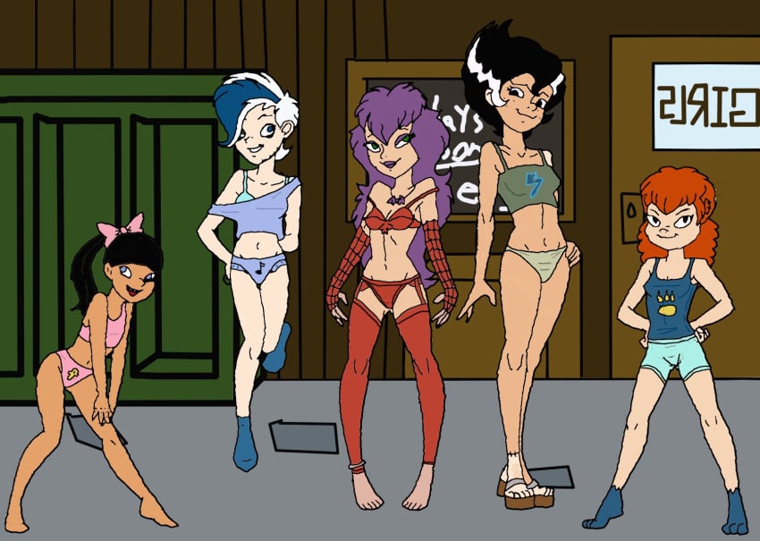 elsa_frankenteen hanna-barbera phantasma_phantom purple_hair scooby-doo scooby-doo_and_the_ghoul_school sibella_dracula small_breasts tanis_mummy text winnie_werewolf