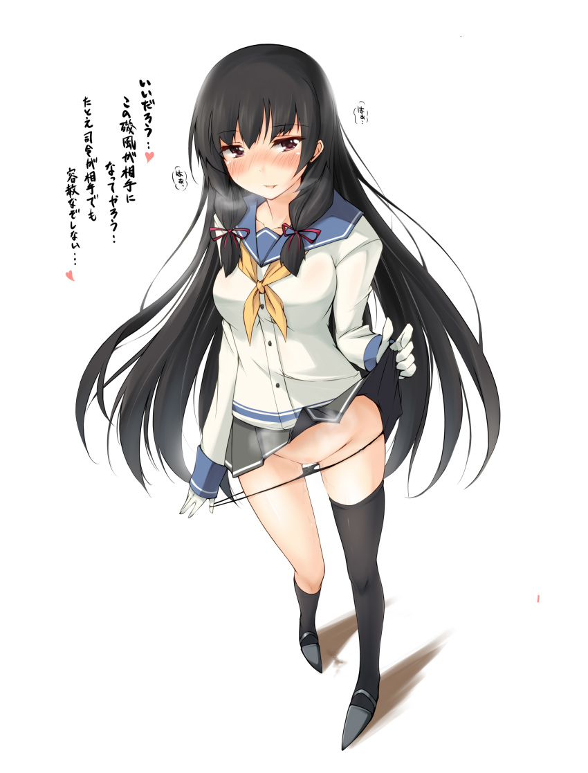 absurdres asymmetrical_legwear black_hair black_legwear breasts female gloves highres isokaze_(kantai_collection) kaminagi_(kaminagi-tei) kantai_collection long_hair panties panty_pull pussy_juice pussy_juice_trail red_eyes school_uniform serafuku skirt skirt_lift solo thighhighs translated underwear