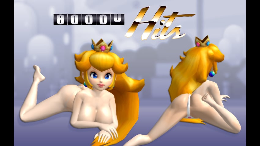 1girls 3d alpha920 ass back_view big_breasts blonde_hair blue_eyes breasts crown earrings female female_only front_view human large_breasts lips lipstick long_hair lying mario_(series) mostly_nude nintendo on_front princess_peach solo super_smash_bros. super_smash_bros._melee thick thick_thighs thighs thong topless wide_hips