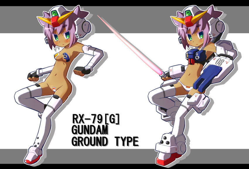 1girls 2013 armor boots breasts dark-skinned_female female garoudo_(kadouhan'i) gundam gundam_08th_ms_team gundam_ground_type helmet mecha_musume pink_hair short_hair sword tagme