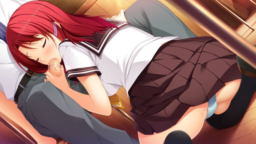 1boy blowjob blue_panties censored classroom closed_eyes fellatio female game_cg hair_ornament hoshi_ori_yume_mirai iizuki_tasuku kneeling oral panties pantyshot pantyshot_(kneeling) pleated_skirt red_hair school_uniform sitting skirt sweat under_the_table underwear yukimura_touko