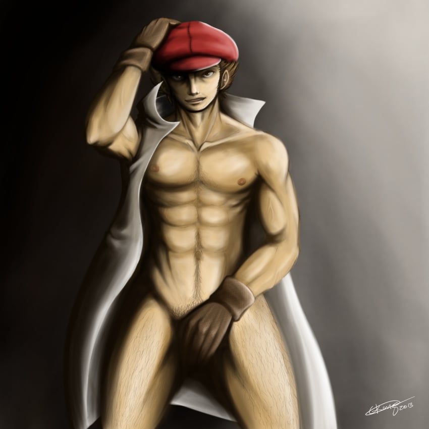 1boy 2013 abs artist_signature bara body_hair brown_eyes brown_hair color datsura_(pokemon) gkenz human human_only male male_nipples male_only male_pubic_hair mostly_nude_male muscle muscles muscular_male noland_(pokemon) partially_clothed pecs pokemon solo