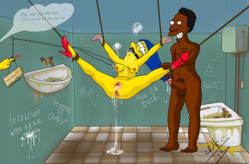 anus bdsm bondage carl_carlson color crying dark-skinned_male dark_skin female gag gagged helpless human interracial male marge_simpson nipples penis pussy rape straight tears testicles the_simpsons torture wks