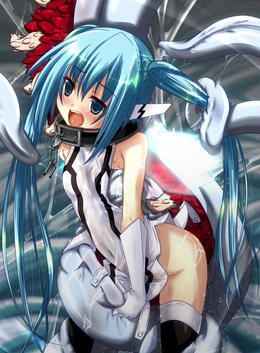 ambiguous_penetration angel_wings black_legwear blue_eyes blue_hair blush chains collar covered_penetration dress elbow_gloves female fumihiro gloves head_wings highres implied_penetration implied_sex long_hair no_panties nymph_(sora_no_otoshimono) open_mouth sex_under_clothes sex_under_dress solo sora_no_otoshimono tentacle tentacle_under_dress tentacles_under_clothes thighhighs tied_hair twintails very_long_hair wet wings