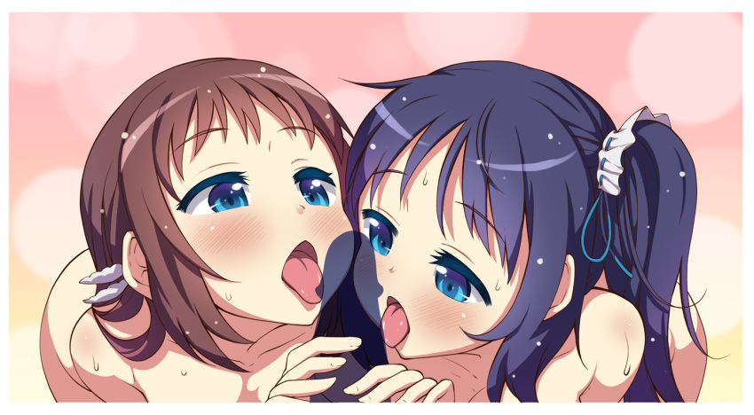 2girls akino_sora blue_eyes blue_hair blush brown_hair censored collaborative_fellatio cum fellatio hiradaira_chisaki licking long_hair mukaido_manaka multiple_fellatio multiple_girls nagi_no_asukara open_mouth oral penis side_ponytail straight teamwork tongue