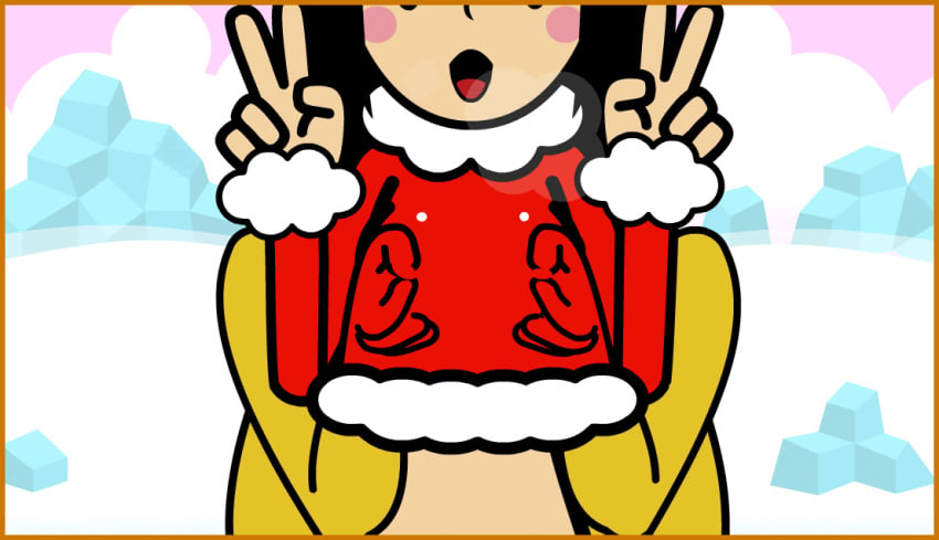 accurate_art_style animated black_hair blush breasts clothing double_v female fever_x_(minus8) flipper-flop from_behind gesture girl_(rhythm_heaven_fever) hand_under_clothes hand_under_shirt long_hair male minus8 nintendo nipple_tweak nipple_twist nipples open_mouth rhythm_heaven rhythm_heaven_fever shirt shirt_lift v