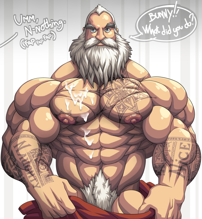 1boy 1male abs bara beard blue_eyes cum cum_on_belly cum_on_upper_body facial_hair human male male_nipples male_only muscle muscular muscular_male nicholas_st._north north pubic_hair rise_of_the_guardians santa_claus santa_claus_(rise_of_the_guardians) shirtless solo tagme tattoos the_fabulous_croissant topless white_hair