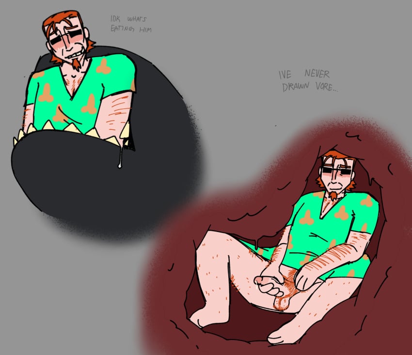 anthro_on_human blush ginger_hair hairy_male inside_stomach inside_view jerkingoff male_prey male_sub malesub, postal_(series) postal_dude precum shitkinker1 skinny_male vore