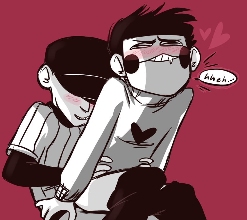 2boys anal baseball_uniform black_hair blush closed_eyes digital_media_(artwork) gay hands_on_hips implied_penetration male male/male male_only male_penetrated male_penetrating mask off_(game) on_lap red_background short_hair sweater the_batter zacharie