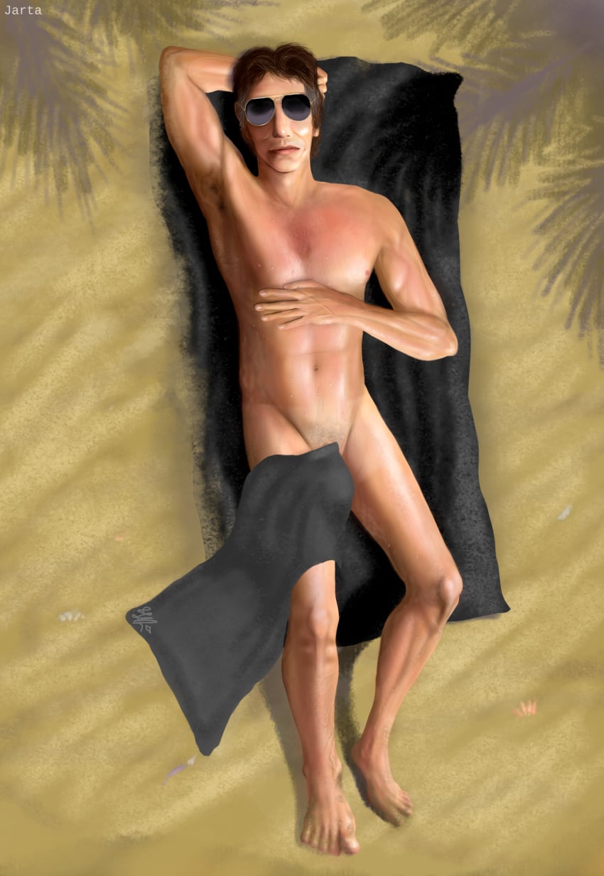 aviator_sunglasses beach buff chest_hair male middle_aged_male pink_floyd roger_waters sunbathing sunglasses toned towel towel_only