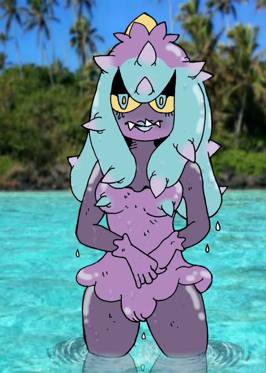 1girls anthro anthrofied areolae beach blue_eyes blue_hair breasts dripping fangs female_only half-closed_eyes hips in_water lips long_hair long_nipples looking_at_viewer mareanie nature nintendo nipples nude ocean palm_tree photo_background plaguetyranno pokémon_(species) pokemon pokemon_(species) pokemon_sm purple_skin pussy sea_urchin sharp_teeth shiny shiny_skin small_breasts smooth_skin solo spike_nipples spikes standing teeth tentacle tentacle_hair tropical water wet yellow_eyes yellow_sclera