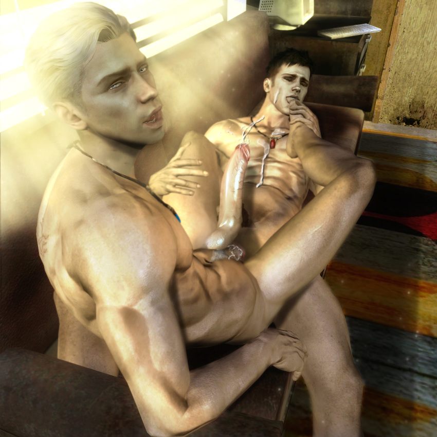 3d anal anal_sex blue_eyes closed_eyes cum cum_in_ass cum_on_face cum_on_self cum_while_penetrated dante dante_(dmc:_devil_may_cry) devil_may_cry_(series) dmc:_devil_may_cry erection gay holding_foot licking_foot licking_toes looking_pleasured male male_only mouth_open nude penis perv_neko testicles tongue_out vergil white_hair xnalara yaoi