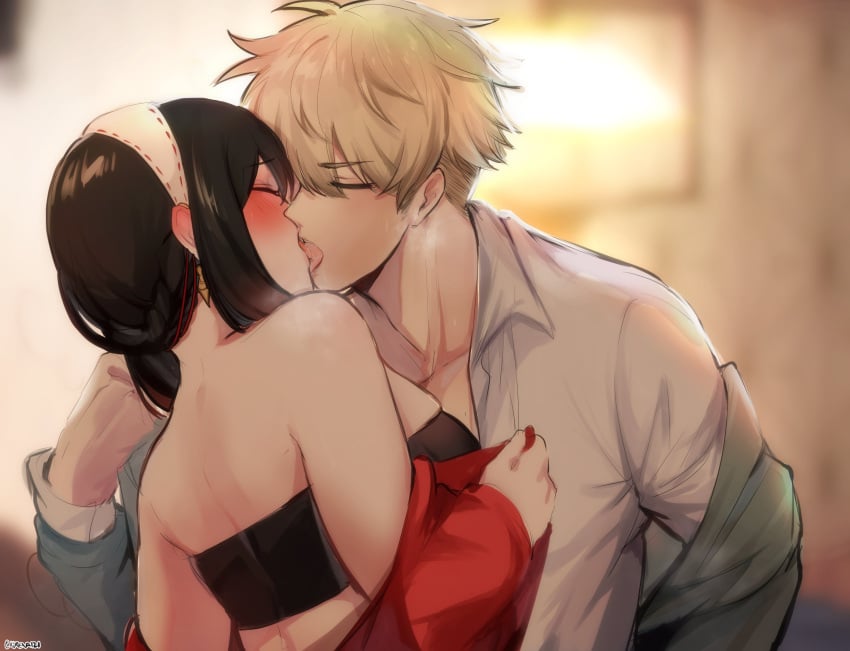 1boy 1boy1girl 1girls black_bra black_hair blonde_hair blush bra closed_eyes couple earrings eyebrows_visible_through_hair french_kiss hairband kissing kurenaiz1 loid_forger married spy_x_family taking_clothes_off twilight_(spy_x_family) twiyor undressing wholesome yor_briar yor_forger