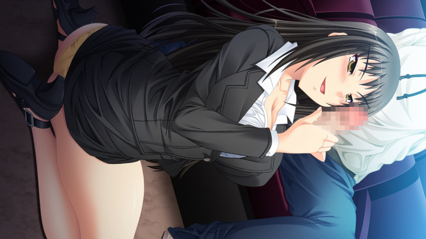 1boy 1girls age_difference big_breasts black_hair brother_and_sister business_suit censored censored_penis cleavage clothed clothing dekakute_ecchi_na_ore_no_ane eyebrows_visible_through_hair game_cg gold_eyes handjob high_heels huge_breasts incest kaneshiro_wataru kneeling large_breasts legs_apart light-skinned_female light-skinned_male light_skin lune lune-soft marine_(label) mosaic_censoring office_lady older_female older_sister parted_lips penis_out segawa_shunsuke segawa_tsukino younger_male