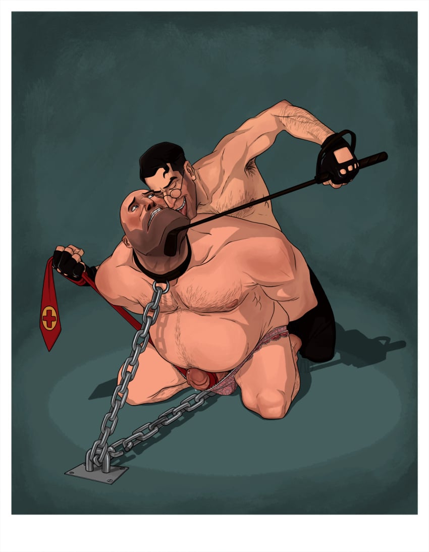 bdsm bondage chains cock_and_ball_torture gay gay_domination heavy_weapons_guy male medic medic_(team_fortress_2) protowilson riding_crop small_dom_big_sub tagme team_fortress_2 teasing