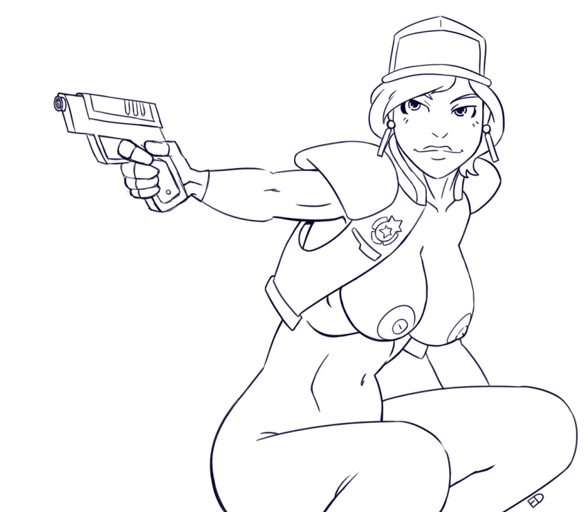 big_breasts breasts c.o.p.s edmd gun hat mainframe monochrome nude nude_female tina_cassidy vest