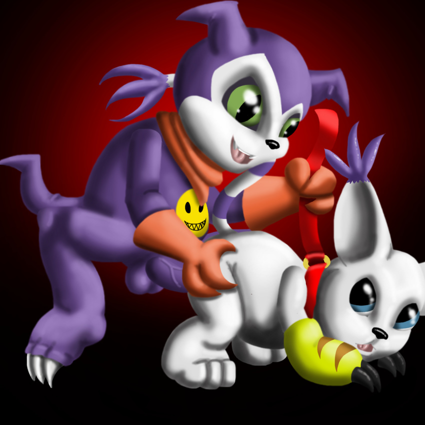 anthro_on_anthro bandai_namco blue_eyes claws cobra_mcjingleballs collar digimon feline furry furry_only gatomon gloves green_eyes impmon open_mouth purple_fur tail white_fur