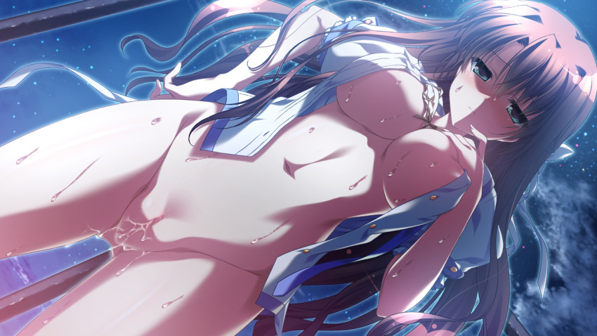 aqua_eyes areolae blush breasts brown_hair female game_cg glowing long_hair natsuzora_no_perseus navel night nipples open_clothes outdoors pussy sawatari_tohka short_sleeves shouna_mitsuishi sky solo star_(sky) starry_sky sweat takasaki_mako uncensored